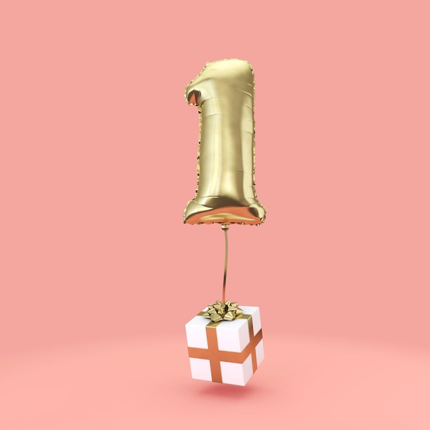 Ballon d'hélium en feuille d'or de célébration d'anniversaire numéro 1 avec des cadeaux 3D Render