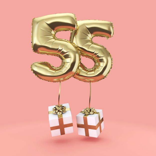 Ballon d'hélium en feuille d'or de célébration d'anniversaire numéro 55 avec des cadeaux 3D Render