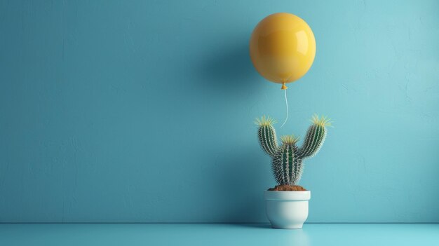 Le ballon jaune flotte sur un fond bleu avec un cactus blanc en pot. C'est un concept minimal et une idée de concept.