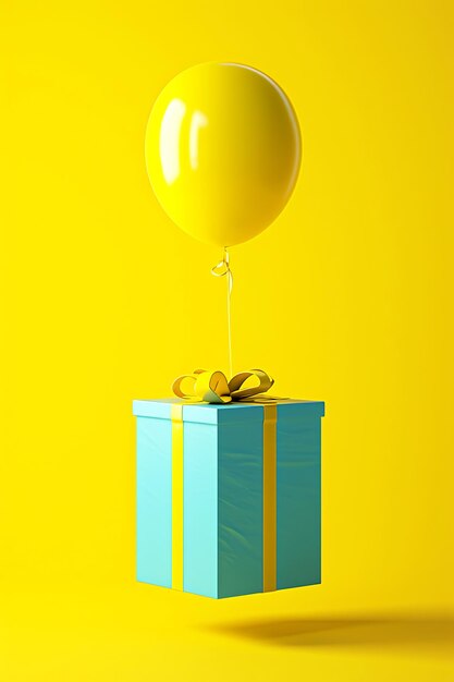 Ballon jaune vibrant sur une boîte cadeau bleue