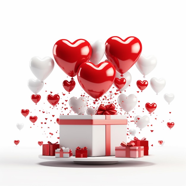 Ballon de joie de la Saint-Valentin avec boîte à cadeaux sur un fond blanc