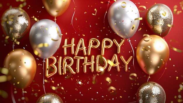 Un ballon de message de joyeux anniversaire en couleurs dorées avec des lettres de fête de décoration sur fond rouge