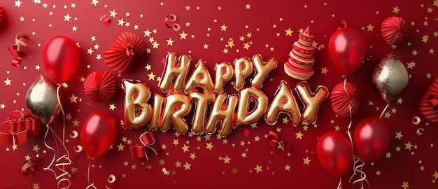 Un ballon de message de joyeux anniversaire en couleurs dorées avec des lettres de fête de décoration sur fond rouge