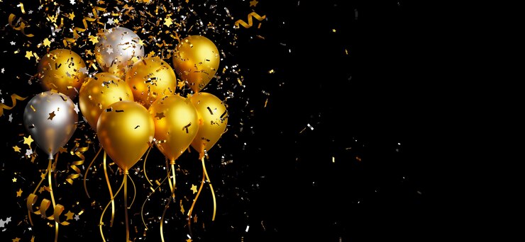 Photo ballon d'or et d'argent avec des confettis d'aluminium tombant sur fond noir rendu 3d
