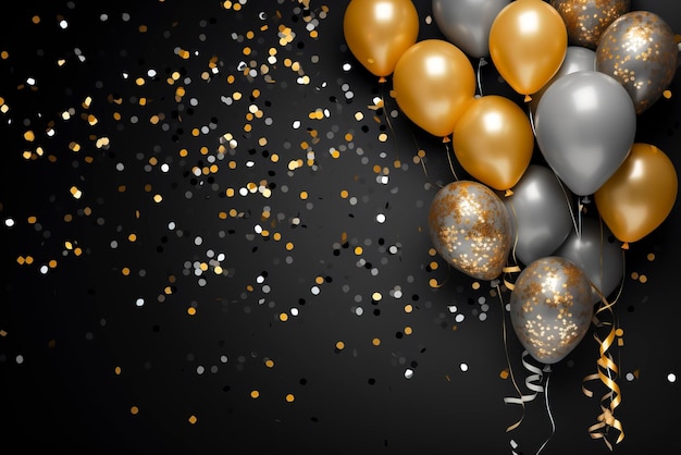 Ballon d'or et d'argent avec des confettis sur fond sombre