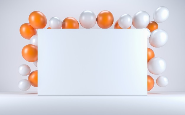 Ballon Orange Et Blanc Dans Un Intérieur Blanc Autour D'un Tableau Blanc. Rendu 3d