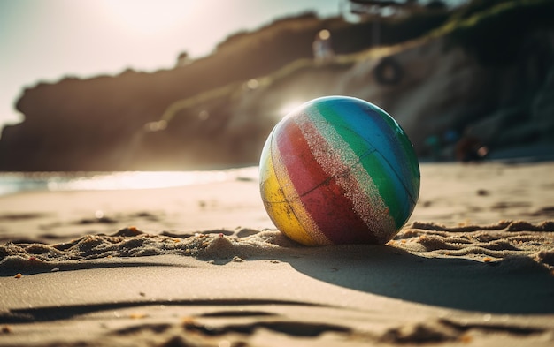 Ballon de plage coloré sur le sable au bord de l'océan AI générative