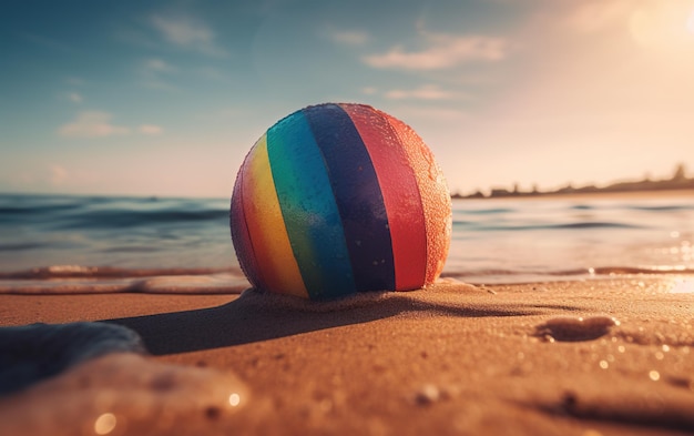 Ballon de plage coloré sur le sable dans les rayons du soleil couchant Generative AI