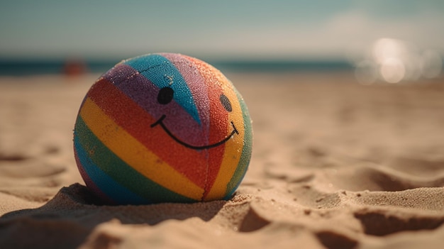 Un ballon de plage coloré avec un visage souriant se trouve sur une plage.