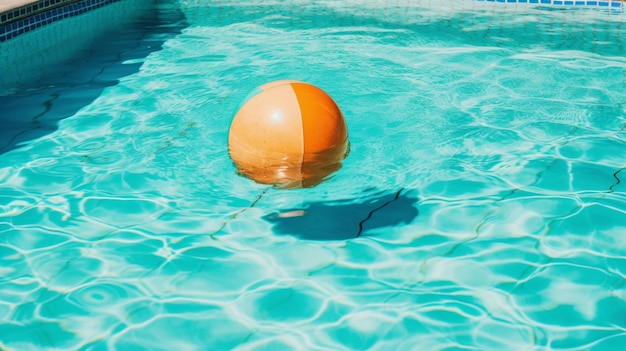 Un ballon de plage jaune flotte dans une piscine.