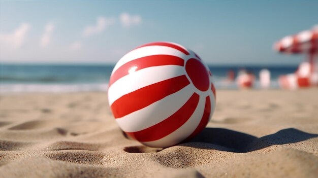 Un ballon de plage à rayures rouges et blanches est posé sur une plage.