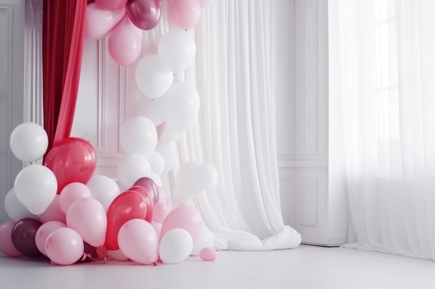 Ballon rose et blanc sur salle blanche avec fond de rideau