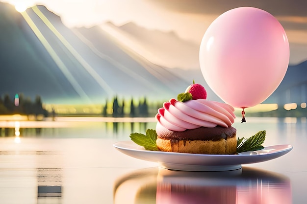 Photo un ballon rose et un cupcake avec un glaçage rose sur une assiette.