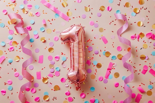 Photo ballon rose numéro un sur fond rose avec des rubans et des confettis pour la fête d'anniversaire