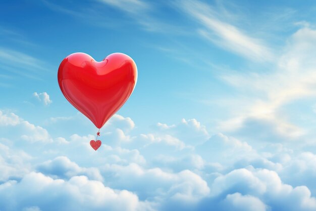 Photo un ballon rouge en forme de coeur vole dans un ciel bleu avec des nuages