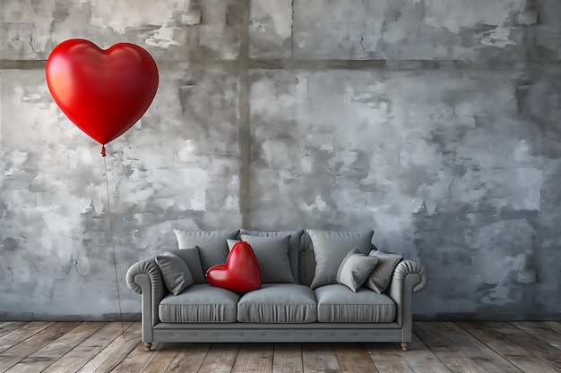 Ballon rouge avec oreiller en forme de cœur dans le salon