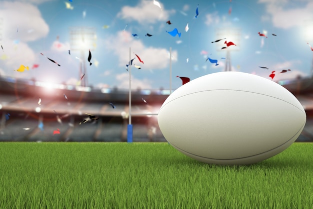 Ballon de rugby de rendu 3D avec des poteaux de rugby sur terrain