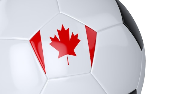 Ballon de soccer blanc avec le drapeau du Canada sur un fond blanc Isolé Close up 3D illustration