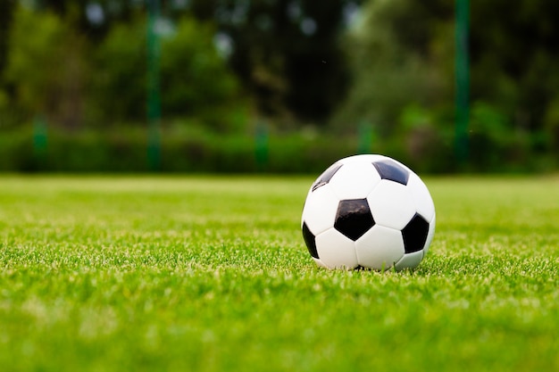 Ballon de soccer sur un gros plan d'herbe verte. Concept - passion du football