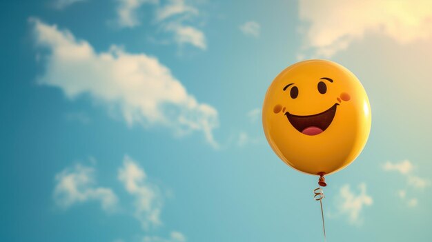 Un ballon souriant flottant dans un ciel bleu clair avec des nuages moelleux