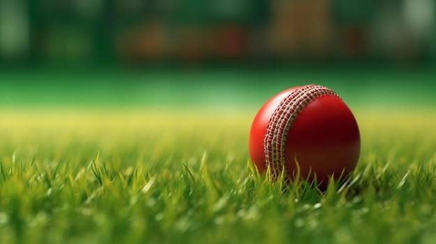 Ballon de sport de cricket en cuir rouge sur l'herbe