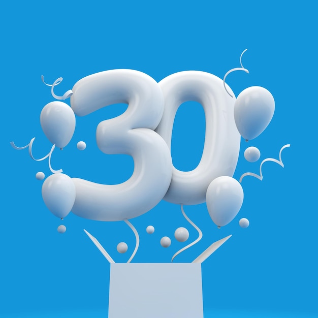 Ballon surprise joyeux 30e anniversaire et boîte de rendu 3D