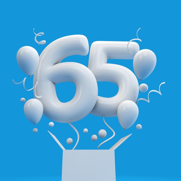 Ballon surprise joyeux 65e anniversaire et boîte de rendu 3D