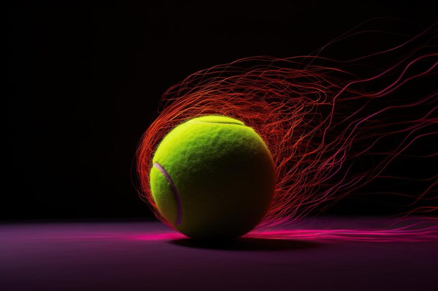 Ballon de tennis avec effet de traînée de mouvement sous forme de lignes rouges sur un fond violet avec un fond noir