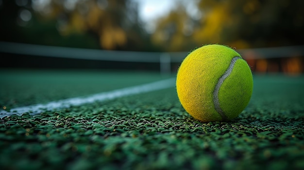 Ballon de tennis sur le terrain avec un fond bokeh