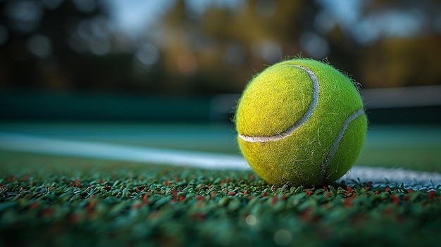 Ballon de tennis sur le terrain avec un fond bokeh