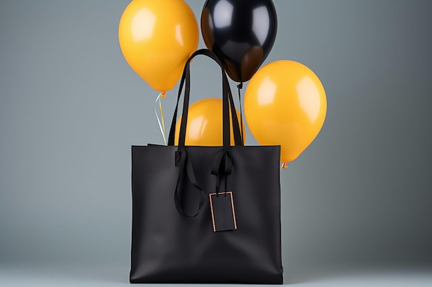 Des ballons accompagnent un sac shopping noir chic pour une expérience shopping festive