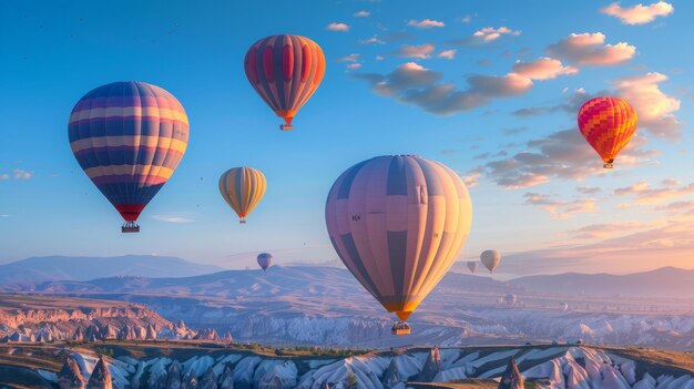 Des ballons à air chaud brillants dans le ciel de la Cappadocie