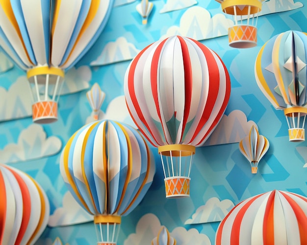 Ballons à air chaud ciel d'été art du papier 3D décor de voyage vue rapprochée ballons détaillés bleu clair
