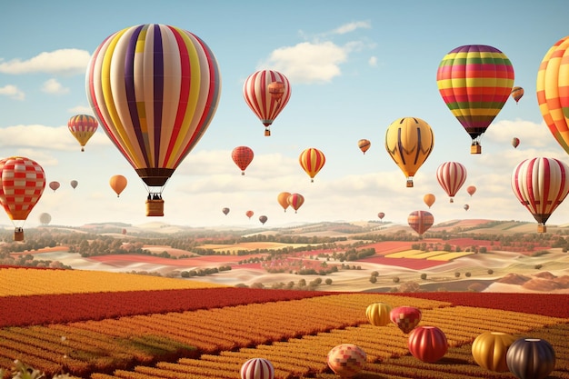 Des ballons à air chaud colorés flottant au-dessus d'un patchwork de champs