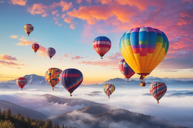 Des ballons à air chaud colorés volant au-dessus de la montagne au lever du soleil du matin brumeux