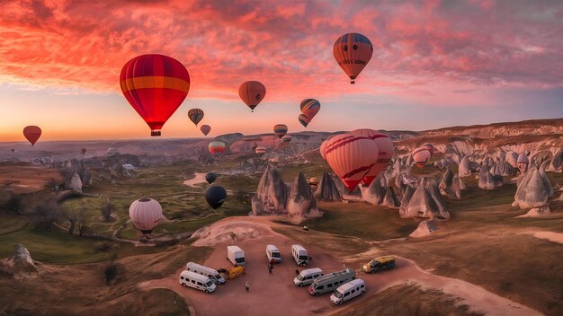 Photo des ballons à air chaud colorés volant au-dessus de la vallée au lever du soleil en cappadoce
