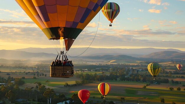 Des ballons à air chaud flottant au-dessus d'un paysage rural Les ballons sont de différentes couleurs et volent à différentes hauteurs