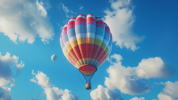 Des ballons à air chaud flottant dans un ciel bleu avec des nuages blancs les ballons sont rouges jaunes bleus et verts le ciel est clair et ensoleillé