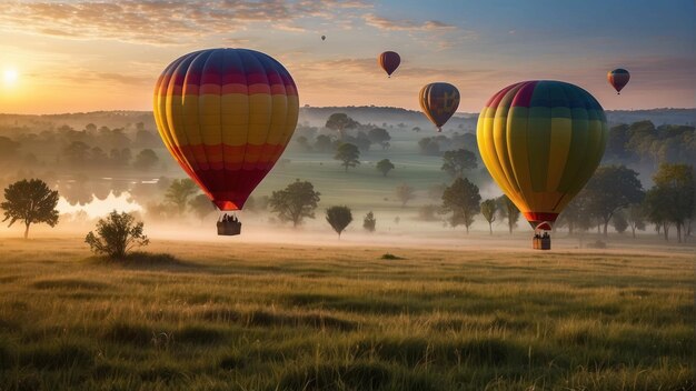 Des ballons à air chaud s'élèvent au lever du soleil