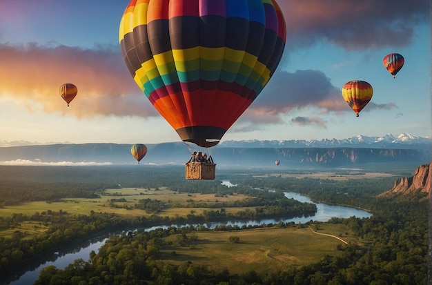 Des ballons à air chaud sous l'arc-en-ciel