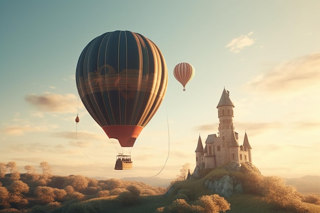 Ballons à air chaud survolant un château avec un château en arrière-plan