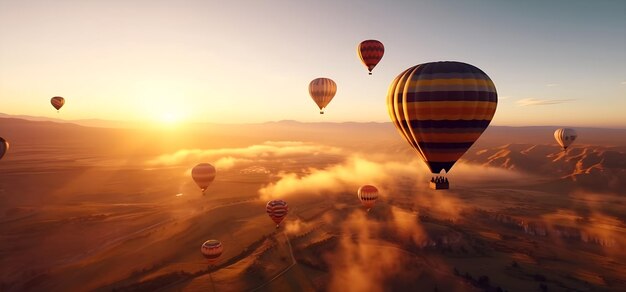 Des ballons à air chaud volant au-dessus des nuages au coucher du soleil