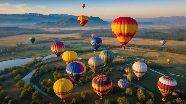 Des ballons à air chaud volant au-dessus d'un paysage brumeux