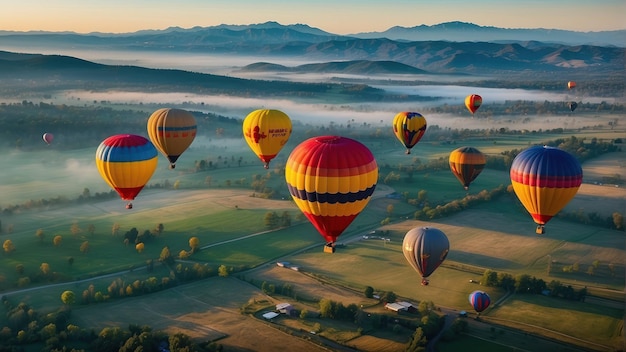 Des ballons à air chaud volant au-dessus d'un paysage brumeux