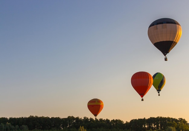 Des ballons à air chaud volant contre le ciel au-dessus des arbres