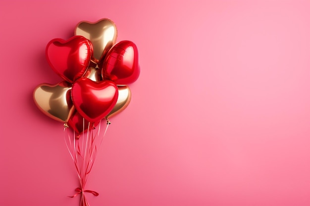 Ballons d'air rouges et dorés feuille en forme de cœur sur fond rose pastel Décoration de la Saint-Valentin ou du mariage