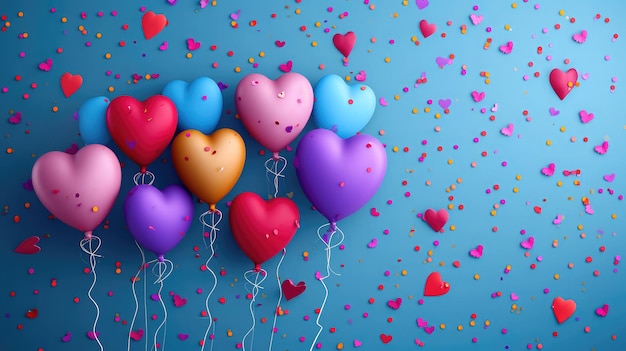 Photo des ballons d'anniversaire colorés avec des coeurs en arrière-plan. joyeux anniversaire, des ballons de coeurs colorés et des confettis, un élément de décoration pour la célébration d'un anniversaire.