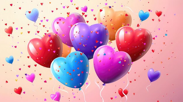 Photo des ballons d'anniversaire colorés avec des coeurs en arrière-plan. joyeux anniversaire, des ballons de coeurs colorés et des confettis, un élément de décoration pour la célébration d'un anniversaire.