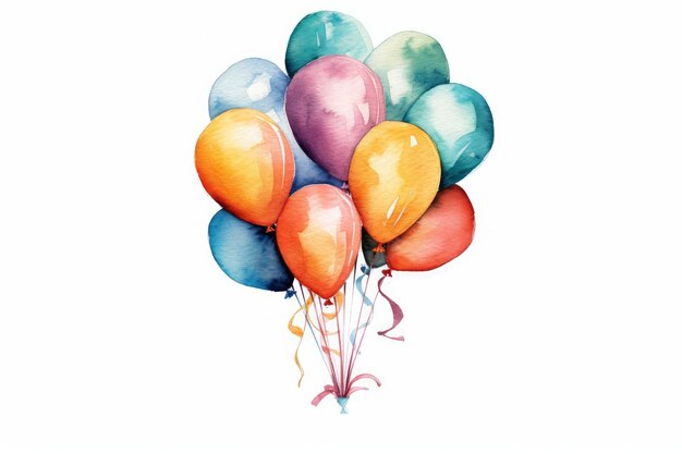 Ballons aquarelle disposés en bouquet sur fond blanc générés par l'IA