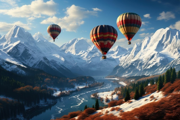 Ballons au-dessus des montagnes en arrière-plan